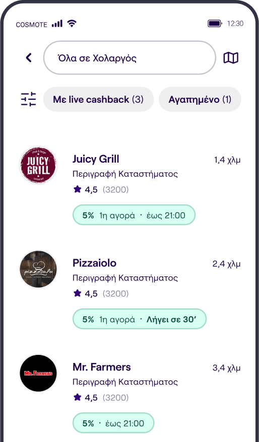 λίστα επιχειρήσεων που προβάλλονται στο payzy app